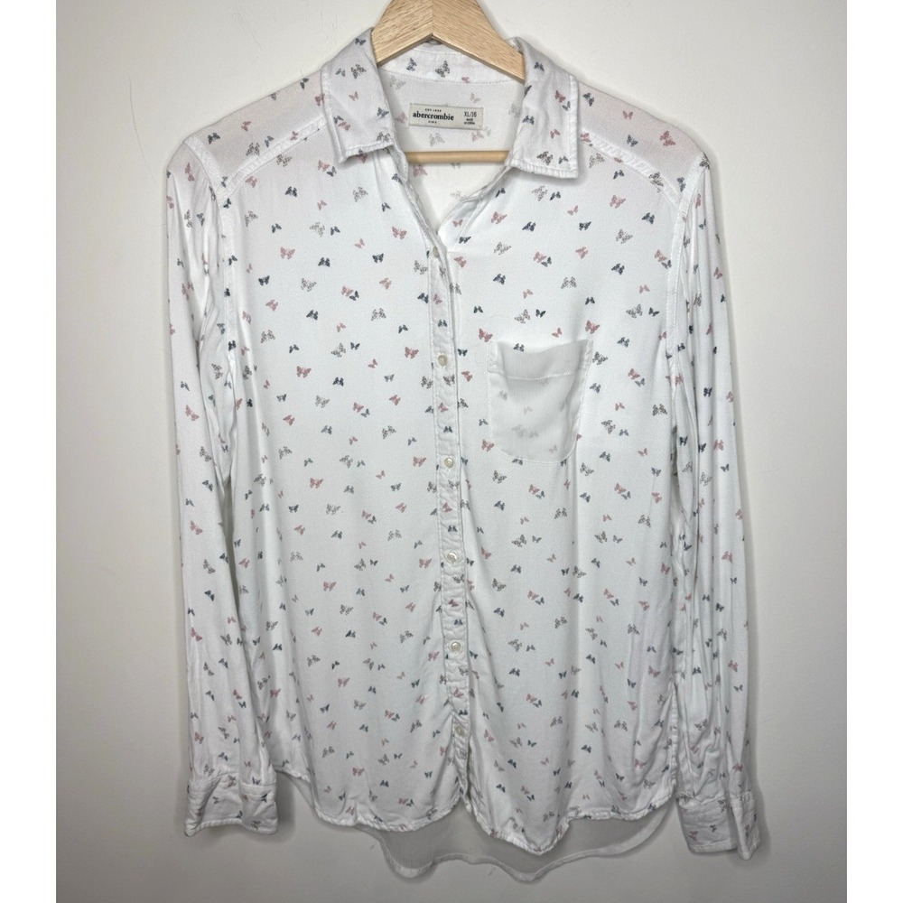Abercrombie Kids Butterfly Button Up Shirt XL/16 White Tunic Sheer Back Womens S